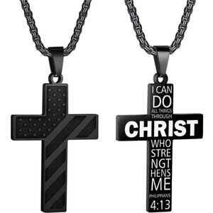 Black American Flag Christ Cross Necklace Men Stainless Steel Box Chain 22 inch